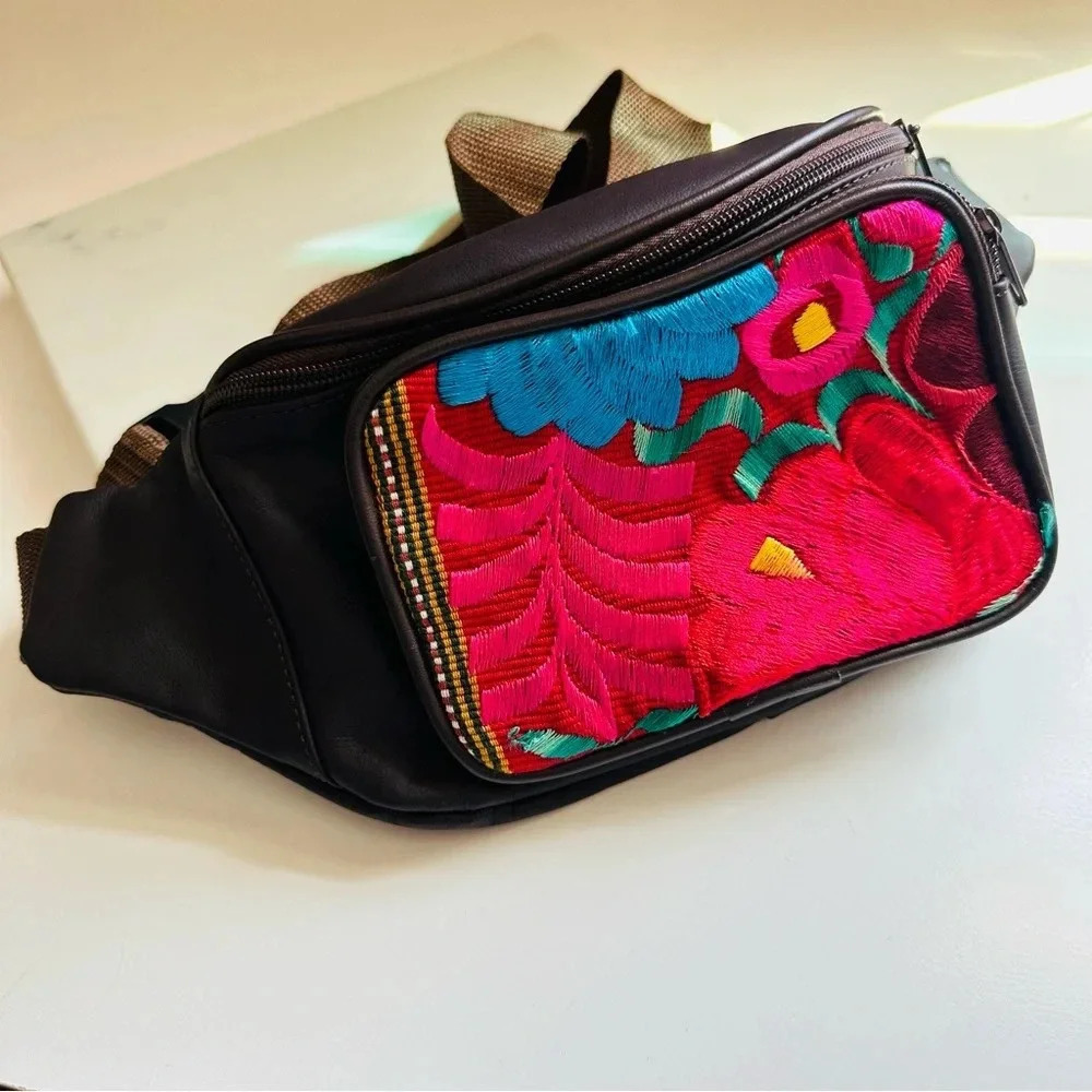 NWOT One Of A Kind Handmade Guatemalan Huipil and Leather Waist Bag